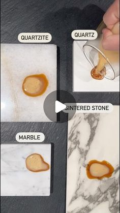 four pictures showing how to make caramel sauce on marble countertops with text below