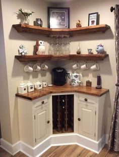 a corner coffee / wine bar with built in shelves