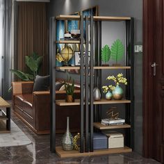 a living room filled with lots of furniture next to a wall mounted book shelf on top of a hard wood floor