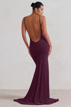 Adele Burgundy Backless Ruched Fishtail Cami Maxi Dress – Club L London - USA Year 12 Formal Dresses, Skirt Godet, Latest Maxi Dresses, Fishtail Maxi Dress, Club L London, Cami Maxi Dress, Black Dress Prom, Fishtail Skirt, Draped Neckline