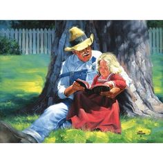 a painting of a man and woman sitting under a tree, reading a book to each other