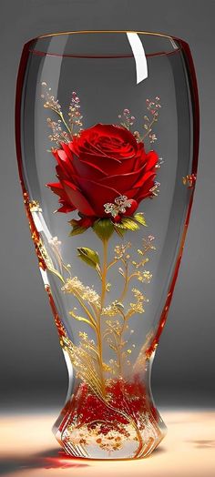 a red rose in a glass vase with water on the bottom and some flowers inside