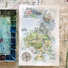 a watercolor and ink drawing of a map with the words neverland on it