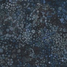 an abstract painting with blue and black circles on it's surface, as well as the ground