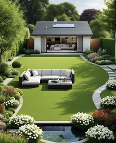 an artist's rendering of a garden with a couch and table in the middle