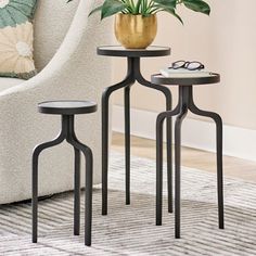 three tables with plants on them in front of a white couch and chair, one has a potted plant