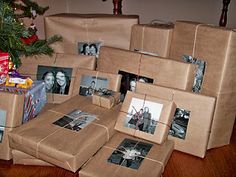 presents wrapped in brown paper with pictures on them