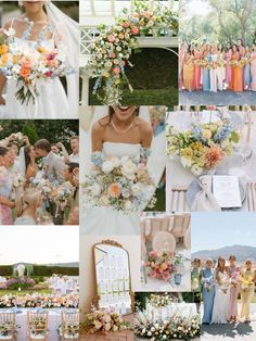 a collage of photos with flowers and bridesmaid's bouquets in pastel colors