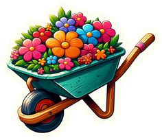 a wheelbarrow filled with colorful flowers and leaves