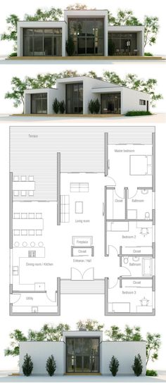 three floor plans for a modern house