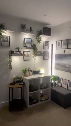 a living room filled with lots of plants and pictures on the wall next to a table