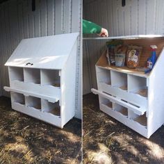 two pictures side by side showing the inside and outside of a storage shed with food in it