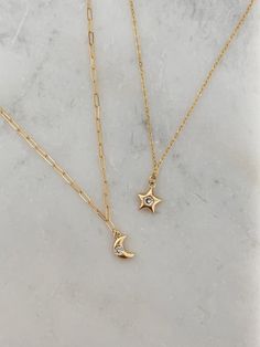 ⭐️ MATERIALS: PaperClip Chain: 14k Gold Filled Cable Chain: 14k Gold Filled Moon and Star charm: 18k Gold Filled All components are nickel and lead free ⭐️ SIZE: Moon and Star charm: Approximately 1/2 inch tall THIS NECKLACE IS SOLD AS A SET ⭐️ What is Gold Filled? My 14k Gold Filled chains are manufactured in the U.S and consists of 5% (1/20) solid gold pressure bonded over brass. They are tarnish resistant and perfect for those with allergies or sensitive skin. Gold-filled jewelry has 100x mor Best Friend Matching, Couples Necklace, Friendship Necklace, Couple Necklaces, Friendship Necklaces, Gold Alloys, Moon And Star, Necklace Minimalist, Jewelry Inspo