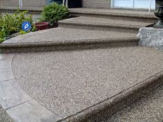 an outdoor area with steps and landscaping in front of a house