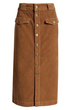 A front button closure and flap pockets enhance the vintage appeal of this long skirt cut from stretchy corduroy and finished in a soft, earthy hue. 30" length Front button closure Front button-flap pockets; back patch pockets 97% cotton, 3% elastane Machine wash, dry flat Imported Trendy Corduroy Skirt With Buttons, Corduroy Skirt Long, High Waist Corduroy Skirt With Pockets, Winter Corduroy Skirt With Button Closure, Fall Corduroy Mini Skirt With Button Closure, Button Front Corduroy Skirt, Corduroy Skirt, Skirt Long, Platform Slippers