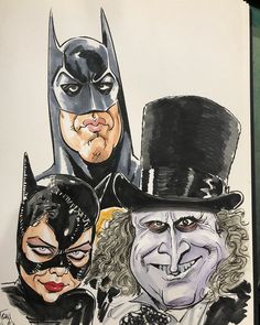 a drawing of three people dressed up as batman and catwoman, one wearing a top hat