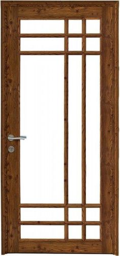 an open wooden door with glass panels and metal handle on the front side, isolated against a white background