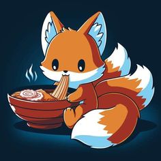 a cartoon fox eating food out of a bowl with chopsticks in its mouth