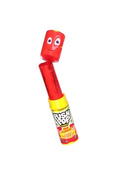 a red and yellow tube with eyes sticking out of it's mouth on a white background