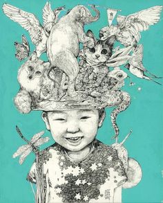 a drawing of a child wearing a hat with cats and birds on top of it