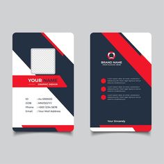 a modern business card with red and black stripes on the front, side and back