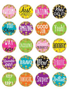 colorful badges with different words on them