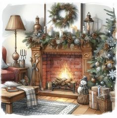 a drawing of a christmas fireplace with stockings, candles and ornaments on it's mantle