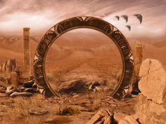 an arch in the desert surrounded by rocks and birds flying over it with mountains in the background