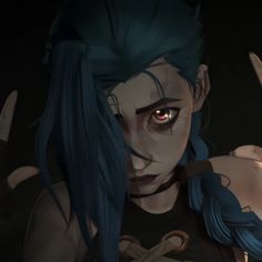 a woman with blue hair holding two knives in one hand and an evil look on her face