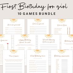 the first birthday games bundle for girls is shown with text that reads,'first birthday for