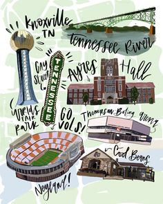 an illustrated map of the different sports areas in minnesota, including football stadium and bridge