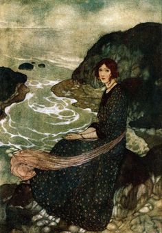 a painting of a woman sitting on the rocks by the ocean with her hair blowing in the wind