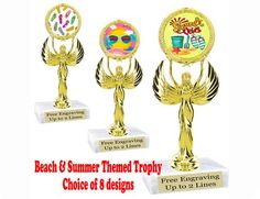 three trophies with the words beach and summer themed trophy choices 6 designs up to 2 lines