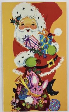 a painting of santa claus holding presents on top of a pile of toys and gifts