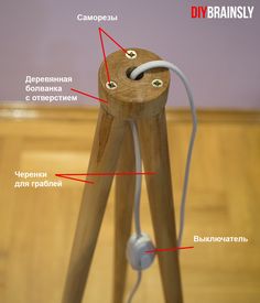 the parts of a wooden tripod stand are labeled in english and russian, with instructions on how to use it