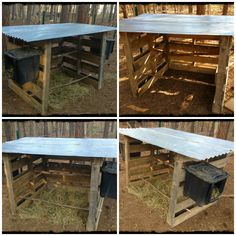 four different pictures of an outdoor table made out of pallets and wooden planks