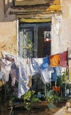 an oil painting of clothes hanging out to dry