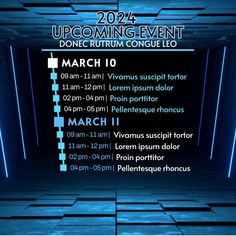 an event poster with the date and time for it to be held in blue lights