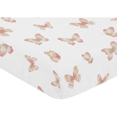 a white sheet with pink butterflies printed on the top and bottom part of it,