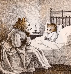 a drawing of two bears in bed one is looking at the other bear's head