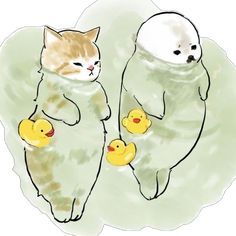 two cats are wrapped in blankets with rubber duckies on their backs and one cat is holding the other