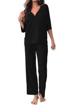 PRICES MAY VARY. COZY FABRIC: 28% Rayon+65% Polyester+7% Spandex, lightweight, comfy, and stretchy ribbed knit fabric. This Pajamas sets with soft elastic and loose designs fits for any body size TRENDY DESIGN: 2 Piece Pajama Sets for Women/Lounge Sets for Women/3/4 Sleeve Tops for Women/Wide Leg Pants for Women/Matching Sets for Women/Loungewear Sets for Women/Pants Sets for Women/Summer Clothes Sets for Women/Ribbed Outfits for Women/Going Out Outfits for Women CHIC DETAILS: This Lounge sets f Pajamas And Loungewear, Going Out Outfits For Women, Black Loungewear, Soft Sleepwear, Women Loungewear, Chic Loungewear