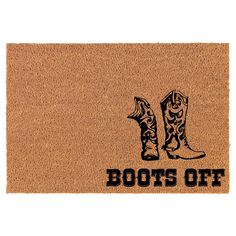 a door mat that says boots off with two cowboy boots on the front and bottom