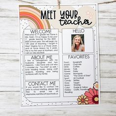 a teacher's resume is shown on a white wooden background with flowers and leaves