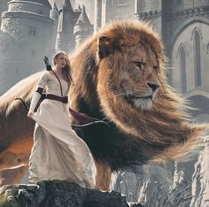 a woman in white is riding on a horse next to a lion