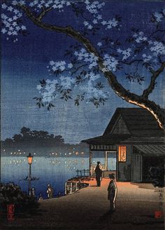 a painting of people walking on a path by the water at night with lanterns in the sky