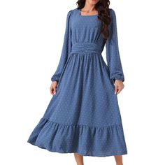 This dress flatters any body shape, making it a timeless addition to any wardrobe. Its classic design and effortless style make it an essential piece for any fashionista. Perfect for casual, daily wear, vacations, beach, holidays, weddings, offices, family gatherings, and more. The Swiss dot pattern adds a touch of elegance and charm, making it suitable for both formal and informal occasions. The high-waisted design accentuates the waistline, creating a flattering silhouette. The long sleeves pr Modest Long Sleeve Dresses, Long Sleeve Square Neck Dress, Modest Fall Dresses, Long Sleeve Dress Pattern, Boho Long Dress, Conservative Dresses, Church Fits, Pleated Shirt Dress, Boho Dresses Long