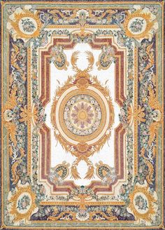 an intricately designed rug with gold, blue and red accents on the border is shown