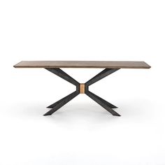 a wooden table with black metal legs on a white background and the top is made out of wood