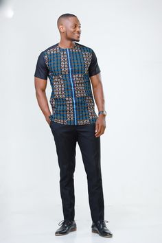 This men's shirt is made from the finest poly-cotton fabric with accents of African print fabric also known as Ankara fabric and hand woven smock (fugu) fabric.  All our clothes are made in Ghana with the finest craftsmanship. This shirt comes in various sizes from Medium to Extra Extra Large. The size chart in the photos shows the various measurements.  We offer custom sizes if you would prefer that. Custom-made sizes take 5 to 10 working days to process and come at a 10% extra charge. Ankara For Men, Ankara Shirts For Men, Ankara Shirt, African Print Tops, Mens Dress Shirts, Designer Suits For Men, African Shirts, African Men Fashion, African Print Fabric